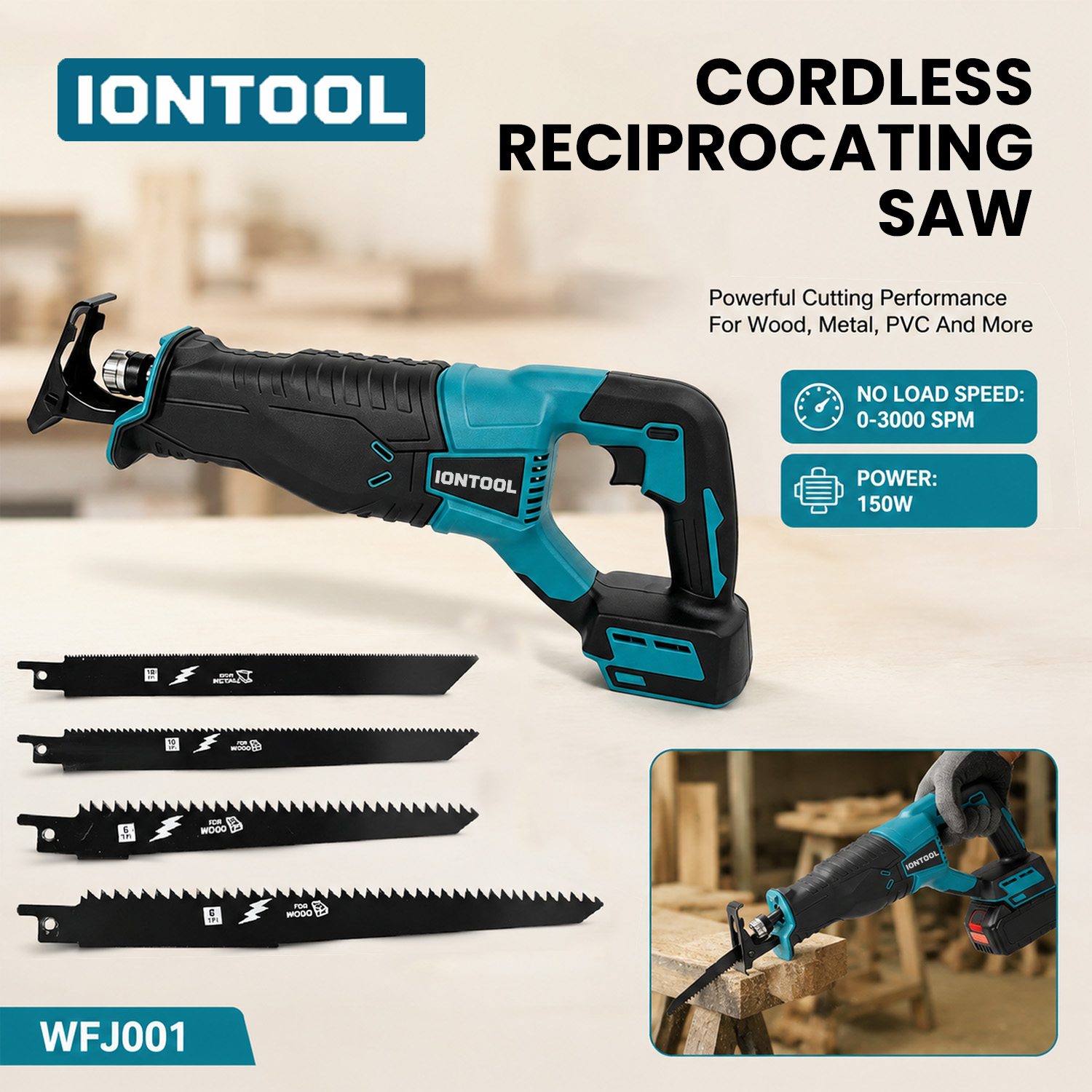 Reciprocating Saw Cordless - IONTOOL 150W Reciprocating Saw 0-3000RPM Draadloze